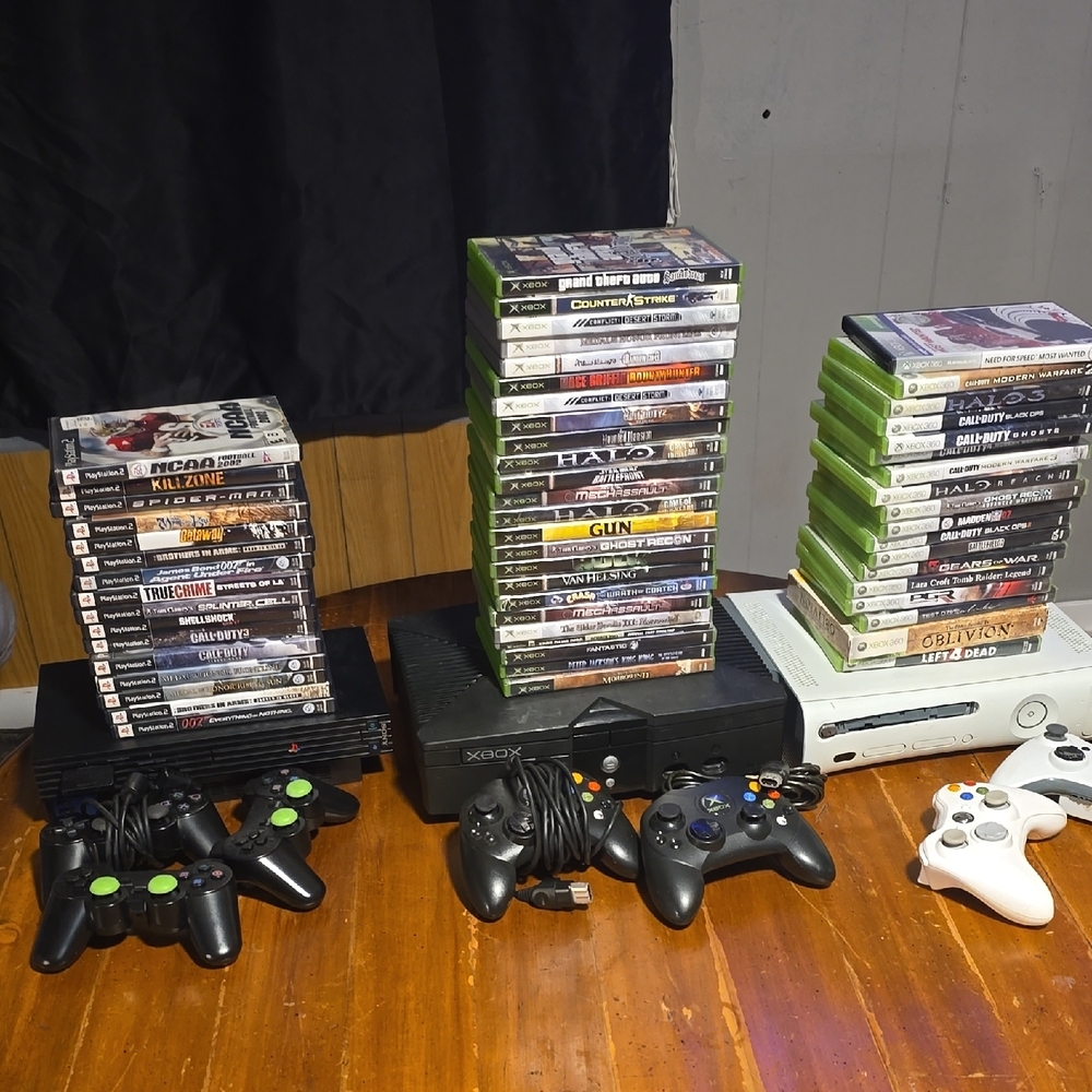 Xbox and PlayStation Console Bundle with Controllers and Games - Black and White